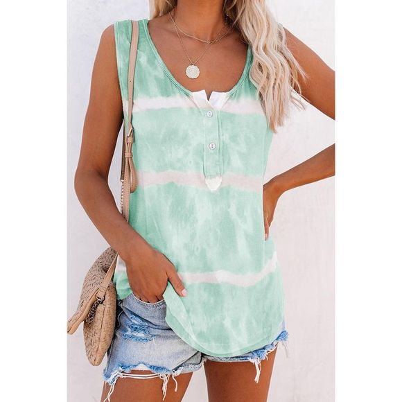 Azura Exchange  Green Tie Dyed Buttoned Round Neck Tank Top - Picture 1 of 7